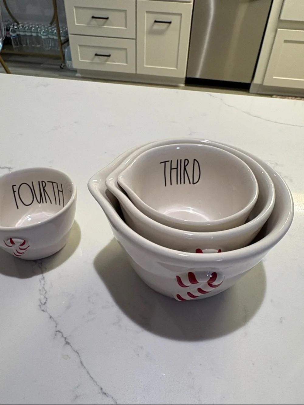 Rae Dunn White Ceramic Nesting Measuring Bowls with Red Candy Cane Accent